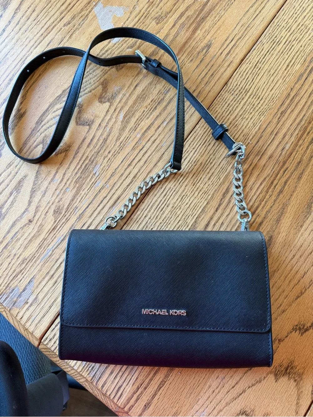 Michael Kors Black Leather Crossbody with Silver Chain
